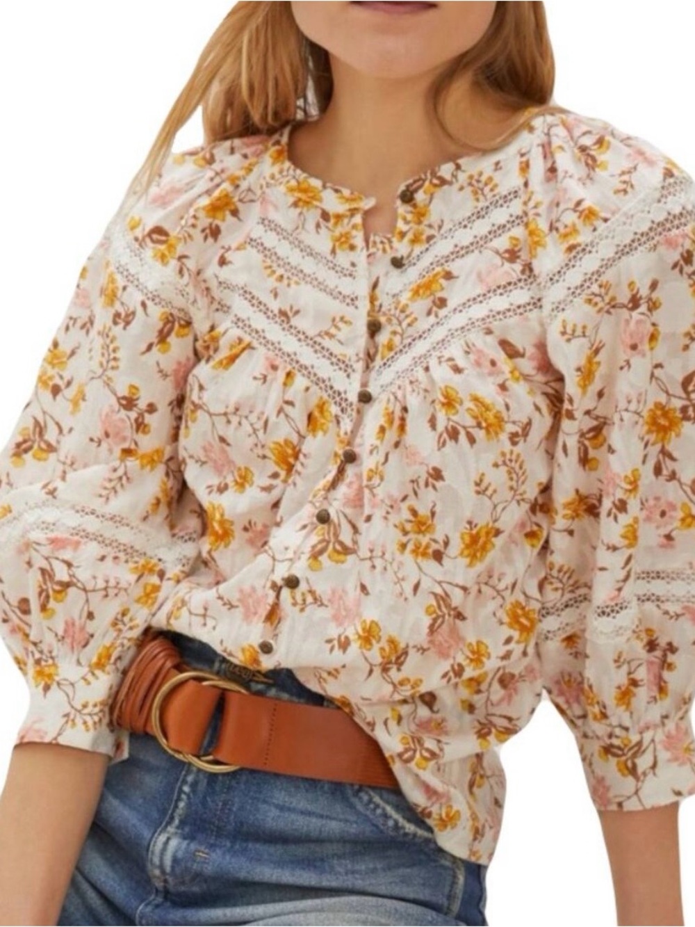 Anthropologie White Blouse with Yellow & Pink Floral Crochet Trim